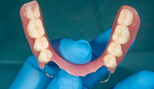 Close-up of partial denture base and porcelain teeth
