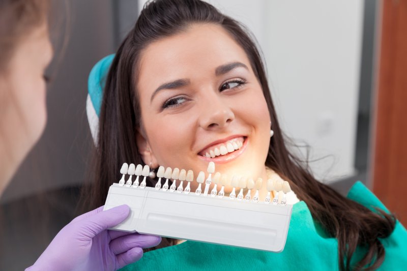 A dentist using a shade guide to assess a patient’s smile